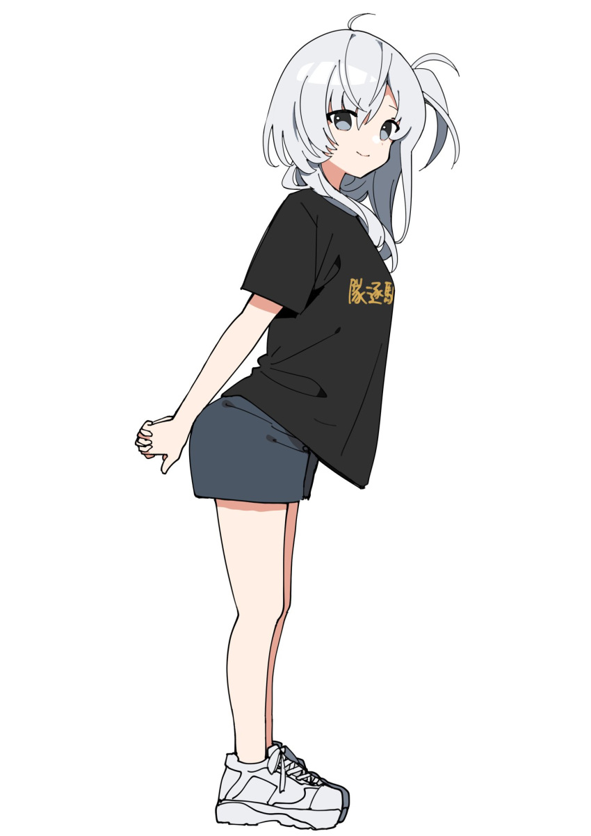 11sayuwan11 1girl alternate_costume arms_behind_back bangs black_shirt blue_eyes blue_shorts full_body grey_hair hair_between_eyes highres interlocked_fingers kantai_collection leaning_forward long_hair one_side_up shirt shoes short_sleeves shorts simple_background smile sneakers solo standing suzutsuki_(kancolle) t-shirt tachi-e white_background white_footwear