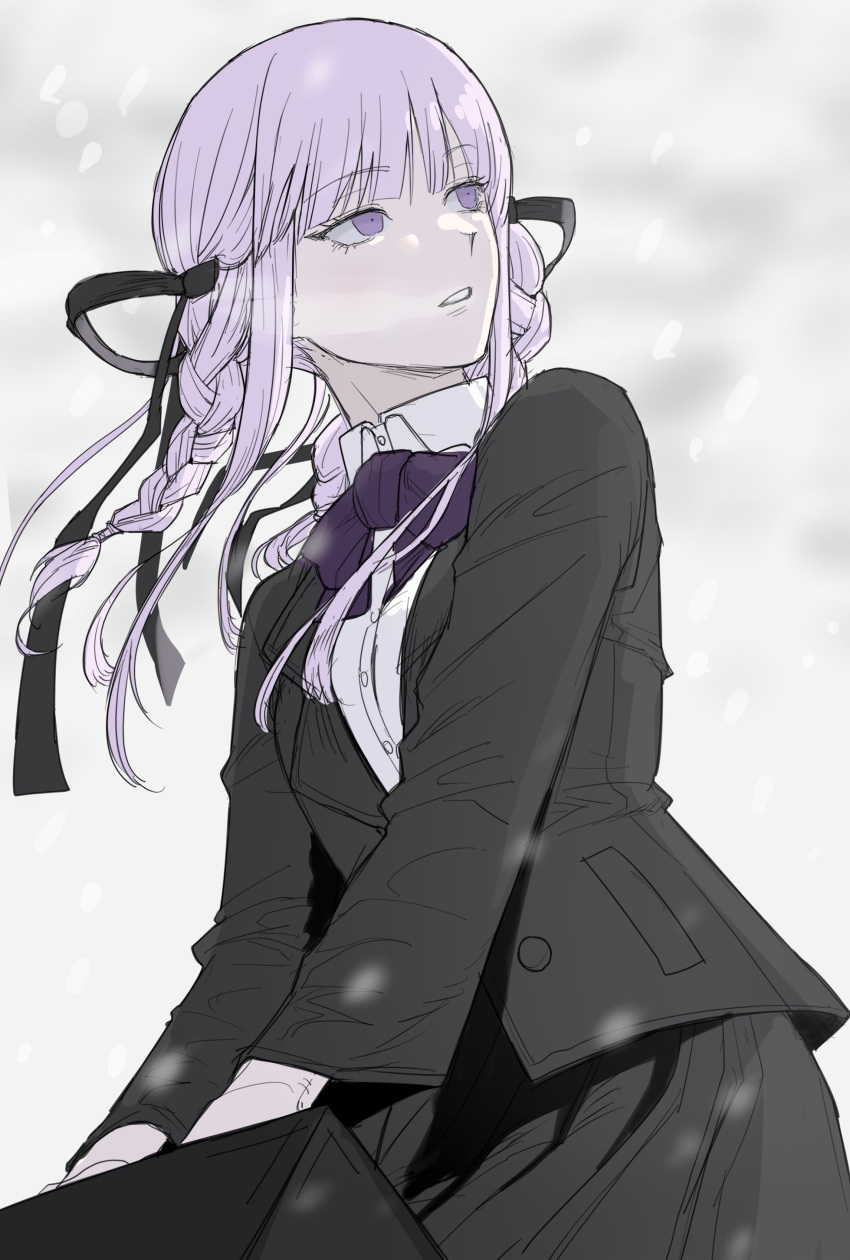 1girl absurdres bag bangs black_bag black_jacket black_ribbon black_skirt bow bowtie braid collared_shirt cowboy_shot danganronpa_(series) danganronpa_kirigiri dress_shirt gradient gradient_background grey_background hair_ribbon highres holding holding_bag jacket kirigiri_kyouko long_hair long_sleeves looking_to_the_side o_m3c official_alternate_costume older open_clothes open_jacket parted_lips pink_eyes pink_hair pleated_skirt purple_bow purple_bowtie ribbon shiny shiny_hair shirt skirt solo teeth twin_braids twintails