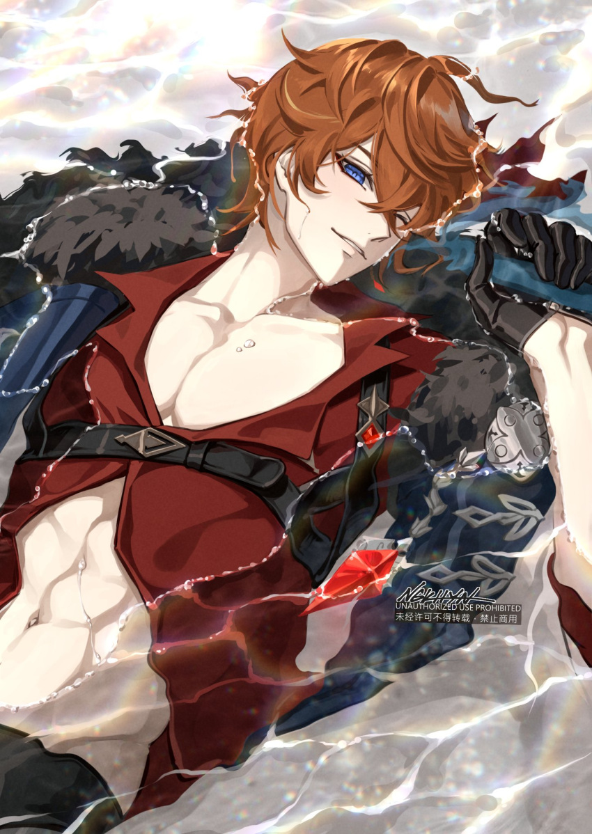 1boy abs artist_name bangs belt black_belt black_gloves blue_eyes blush caustics chest_belt coat collarbone collared_shirt commentary_request crossed_bangs eyelashes fur-trimmed_coat fur_trim gem genshin_impact gloves hair_between_eyes half_gloves hand_up highres in_water looking_at_viewer lying male_focus navel ngkhyn on_back one_eye_closed open_clothes open_collar open_shirt orange_hair parted_bangs red_shirt shallow_water shirt short_hair sidelocks signature solo stomach tartaglia_(genshin_impact) water watermark wet wet_clothes