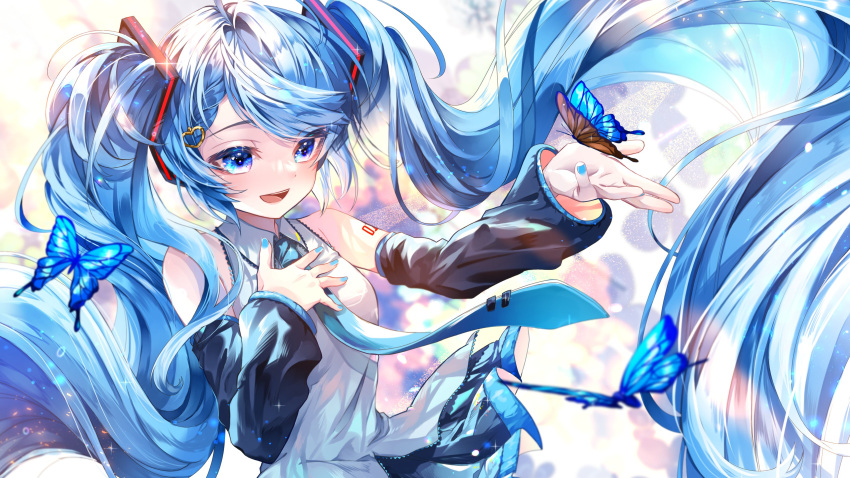 1girl :d absurdres bangs bare_shoulders blue_eyes blue_hair blue_nails blue_necktie bug butterfly butterfly_on_hand detached_sleeves hair_ornament hand_on_own_chest hatsune_miku highres long_hair looking_at_viewer necktie number_tattoo open_mouth shirayuki_towa shirt simple_background smile solo tattoo twintails upper_body very_long_hair vocaloid white_background white_shirt