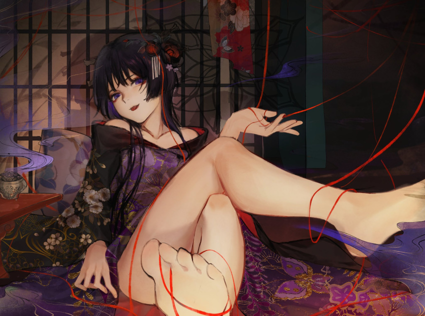 1boy bangs bare_shoulders barefoot black_kimono closed_mouth collarbone commentary eyeshadow feet floral_print flower genshin_impact hair_bun hair_flower hair_ornament head_tilt highres incense incense_burner indoors japanese_clothes kanzashi kimono long_hair long_sleeves looking_at_viewer makeup male_focus muhanyin1 multicolored_clothes off_shoulder parted_bangs pillow print_kimono purple_kimono red_eyeshadow scaramouche_(genshin_impact) shouji sidelocks single_side_bun sitting sliding_doors smile solo string string_of_fate table toes tongue tongue_out violet_eyes wide_sleeves