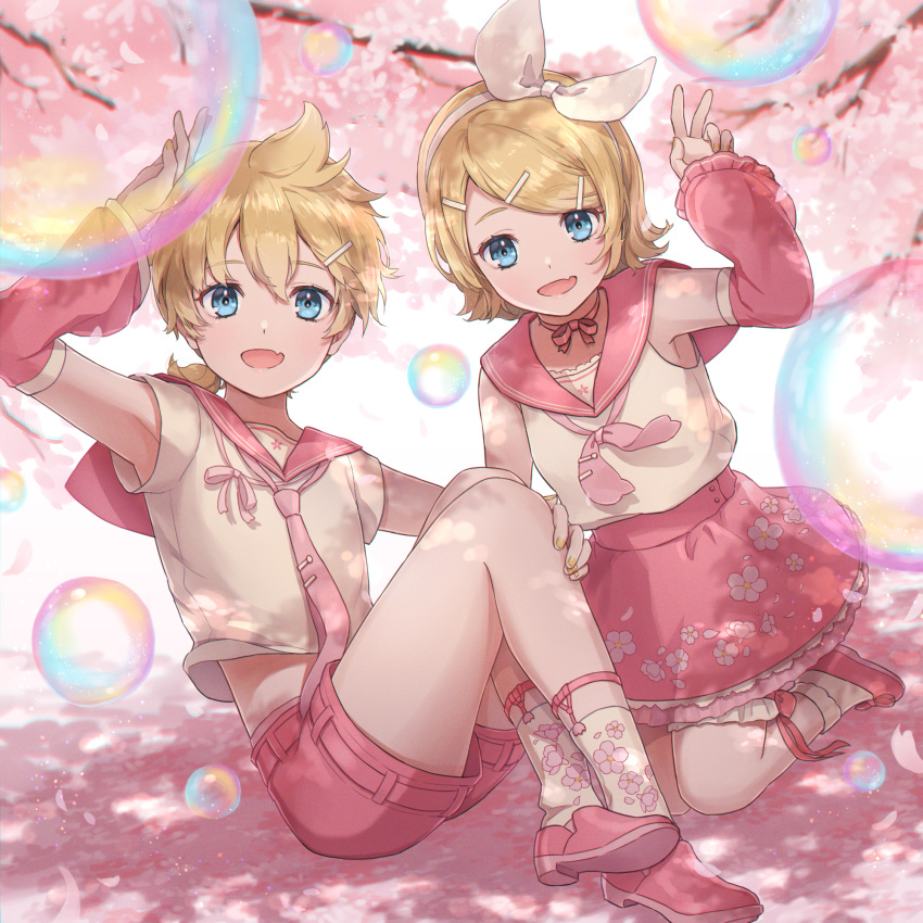 1boy 1girl alternate_color ankle_socks ashika_(yftcc948) bangs blonde_hair blue_eyes bow bow_hairband bubble cherry_blossom_print cherry_blossoms commentary crossed_ankles detached_sleeves eyebrows_hidden_by_hair fang flipped_hair floral_print flower hair_between_eyes hair_bow hairband highres kagamine_len kagamine_rin kneeling knees_up layered_skirt legwear_garter loafers looking_at_viewer medium_hair neck_ribbon neckerchief necktie on_ground open_mouth parted_bangs pink_bow pink_flower pink_footwear pink_neckerchief pink_necktie pink_ribbon pink_shorts pink_skirt pink_sleeves pink_theme ribbon sailor_collar sailor_shirt sakura_len sakura_rin shirt shoes short_ponytail short_sleeves shorts sitting skin_fang skirt sleeveless smile socks spring_(season) v vocaloid white_bow white_hairband white_shirt white_socks yellow_nails