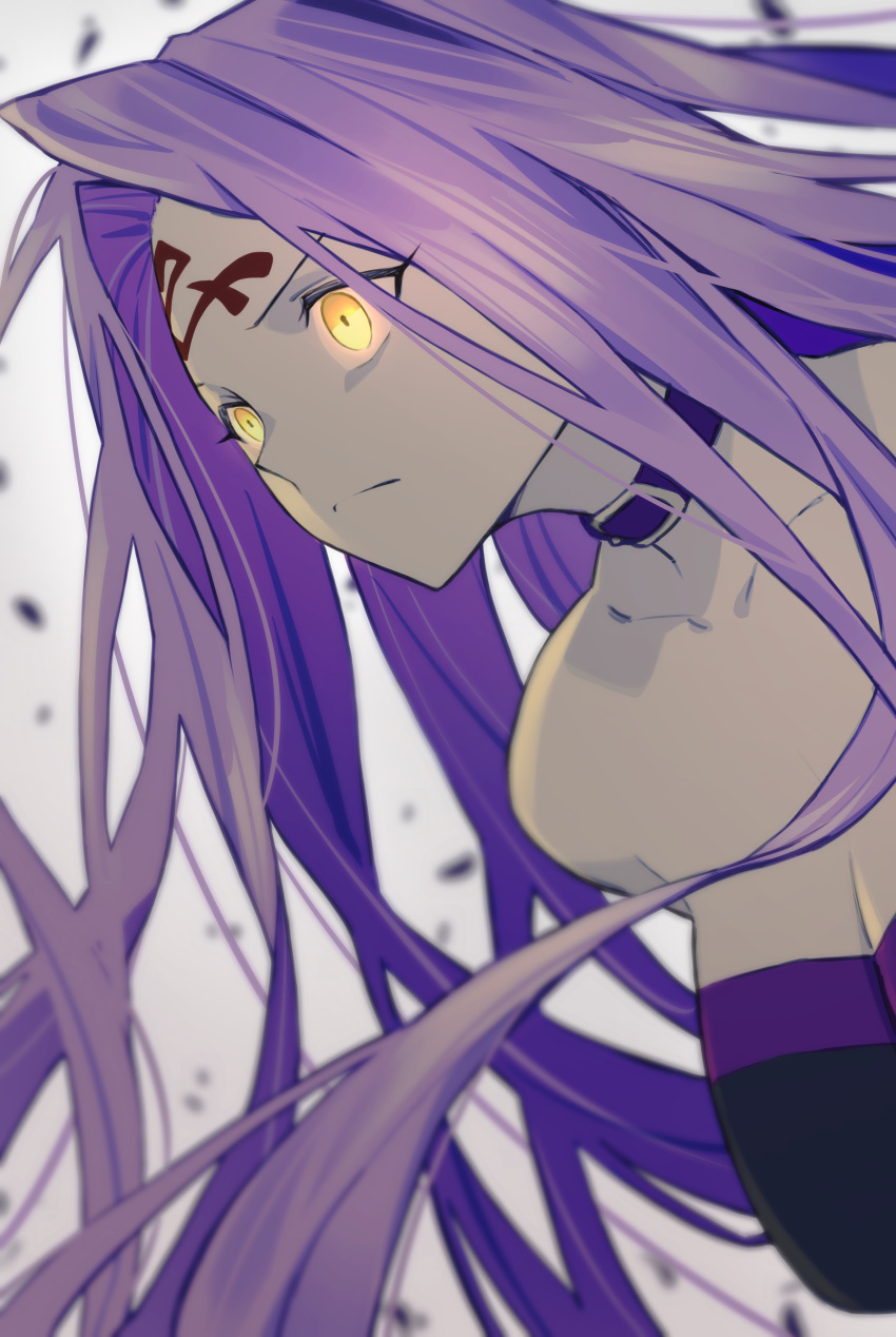 1girl absurdres bare_shoulders black_dress breasts dress facial_mark fate/grand_order fate/stay_night fate_(series) floating_hair forehead_mark highres jewelry large_breasts long_hair medusa_(fate) medusa_(rider)_(fate) necklace omagacchu strapless strapless_dress very_long_hair violet_eyes yellow_eyes