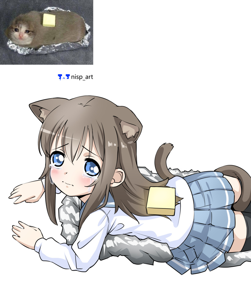 1girl absurdres animal_ear_fluff animal_ears artist_logo artist_name bangs black_thighhighs blue_eyes blue_sailor_collar blue_skirt brown_hair butter cat_ears cat_tail commentary_request crying crying_with_eyes_open foil food furrowed_brow highres long_hair long_sleeves looking_at_viewer lying meme nisp_art on_stomach original pleated_skirt reference_inset russian_commentary sailor_collar shirt sidelocks simple_background skirt solo tail tears thigh-highs white_background white_shirt