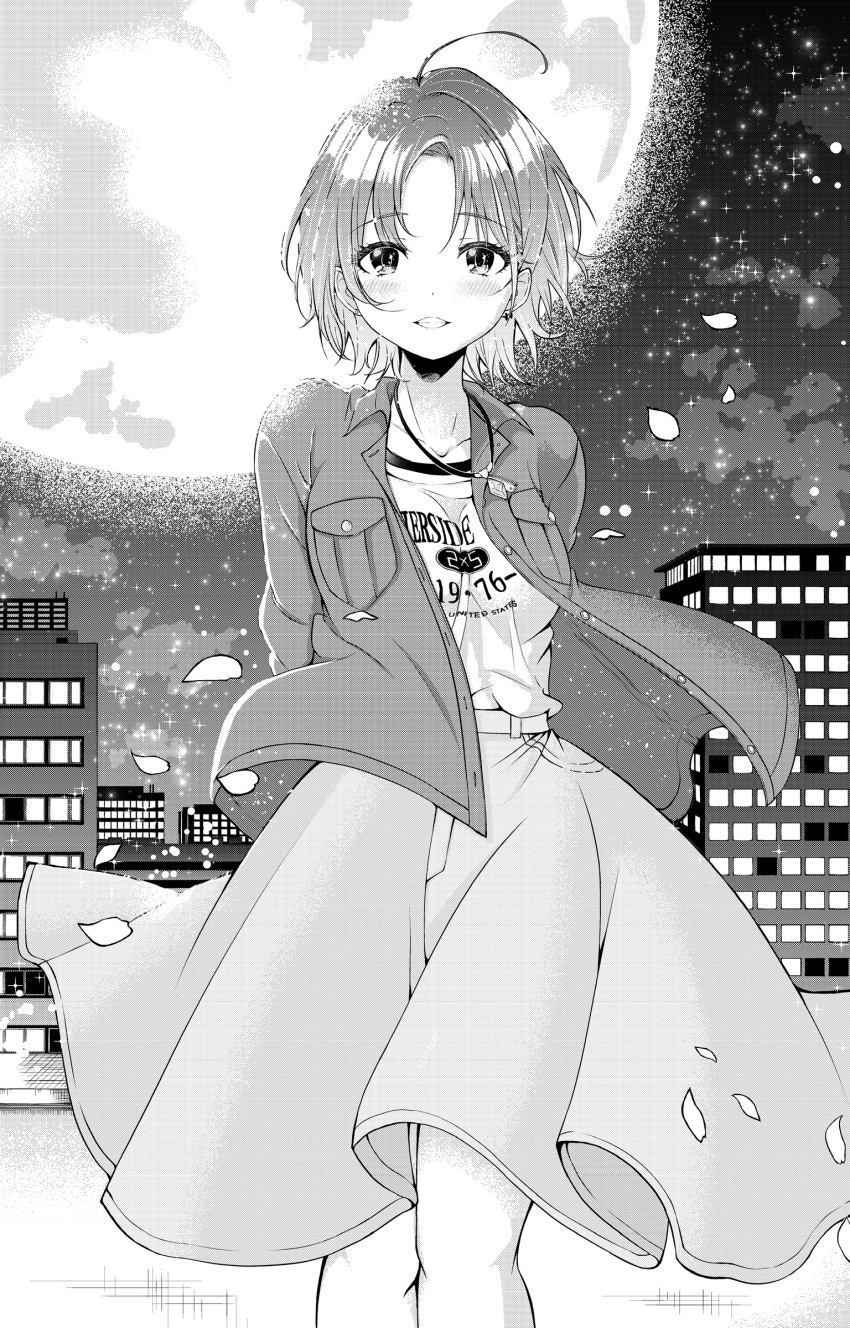 1girl absurdres ahoge artist_request asakura_toru blush building commentary_request earrings full_moon greyscale highres idolmaster idolmaster_shiny_colors jacket jewelry looking_at_viewer medium_skirt monochrome moon necklace night open_clothes open_jacket outdoors petals print_shirt shirt short_hair skirt standing wind