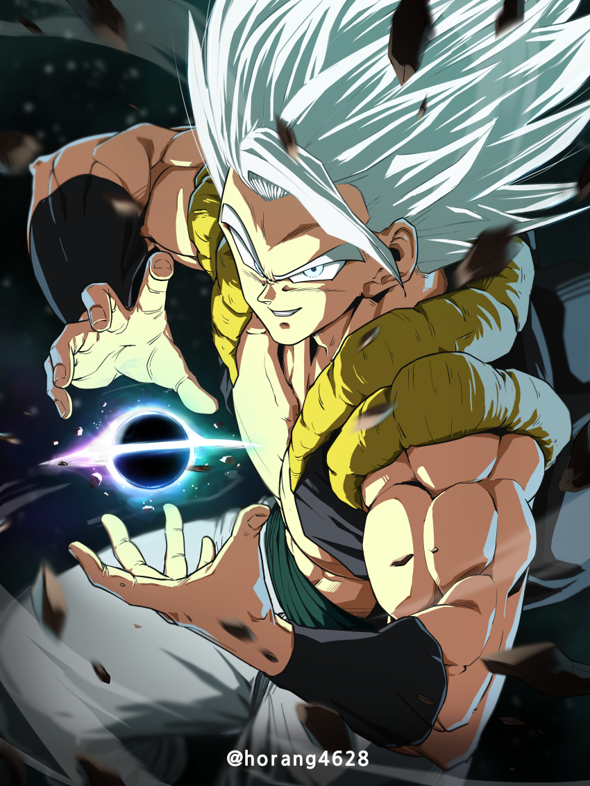 1boy absurdres dragon_ball dragon_ball_super gogeta grin highres horang4628 incoming_attack looking_at_viewer male_focus metamoran_vest muscular muscular_male pants sash smile solo spiky_hair ultra_instinct white_eyes white_hair white_pants