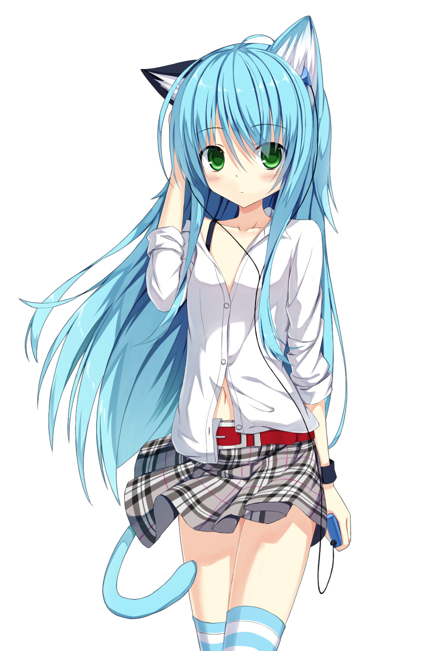 1girl absurdres animal_ears artist_request bangs belt blue_hair character_request copyright_request cowboy_shot digital_media_player green_eyes highres ipod looking_at_viewer navel non-web_source shirt short_hair socks solo striped striped_socks tail
