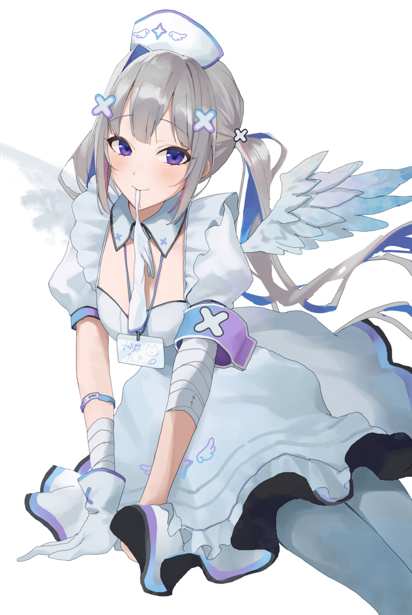 1girl amane_kanata angel_wings bandaged_arm bandages biting blue_hair blue_pantyhose blush dress frills glove_biting gloves gloves_removed grey_hair hair_ornament hat highres hololive long_hair looking_at_viewer nurse_cap pantyhose puffy_sleeves simple_background smile solo suna6080 twintails virtual_youtuber white_background white_gloves wings