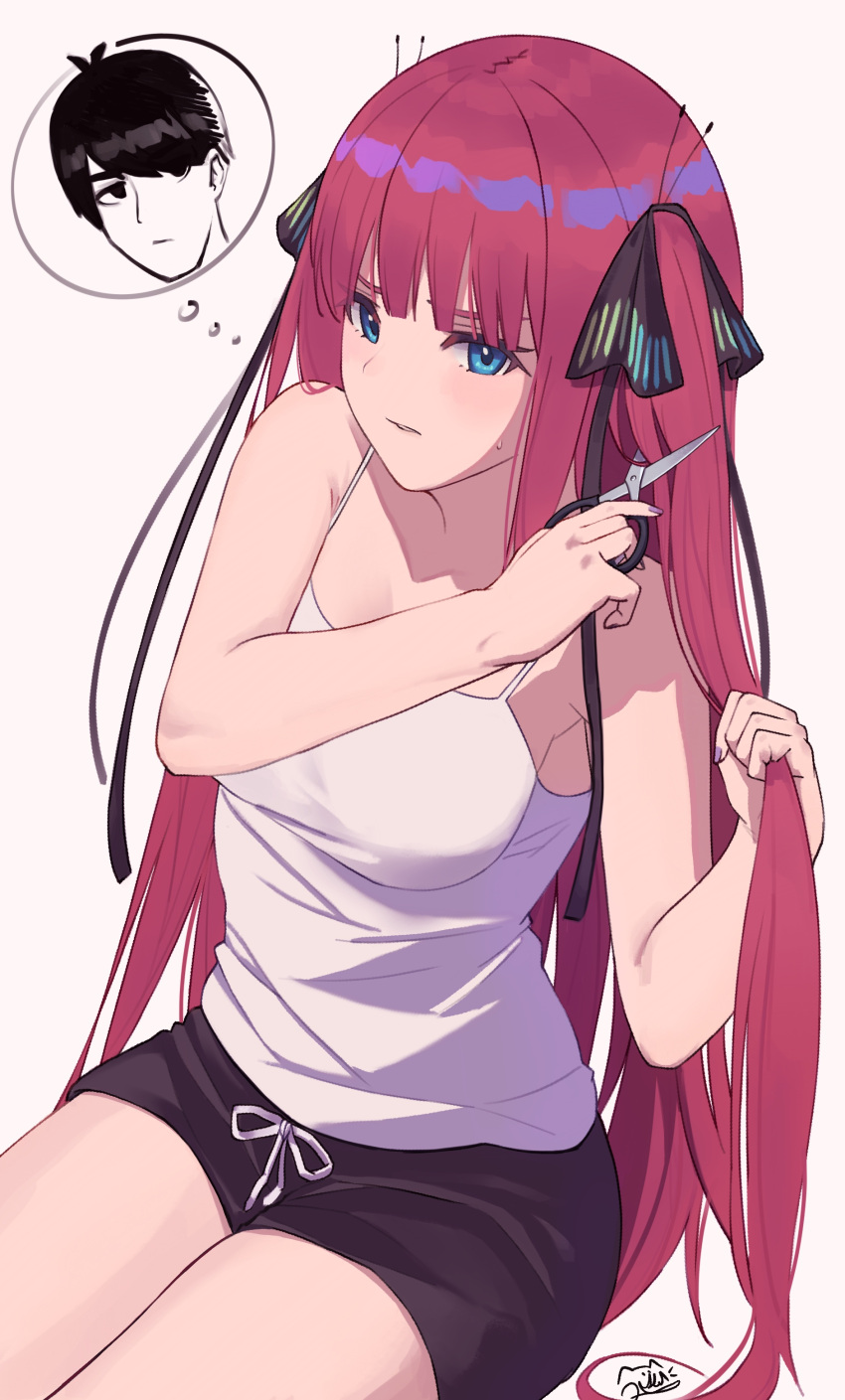 1girl absurdres armpits arms_up bangs black_ribbon black_shorts blue_eyes blunt_bangs blush breasts butterfly_hair_ornament camisole cutting_hair frown go-toubun_no_hanayome hair_ornament highres hime_cut holding holding_hair large_breasts long_hair looking_to_the_side nail_polish nakano_nino parted_lips pink_hair purple_nails ribbon scissors shorts sidelocks simple_background sitting thick_thighs thighs twintails uesugi_fuutarou v-shaped_eyebrows white_camisole ziddol