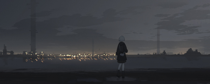 1girl absurdres bag beach boots city city_lights clouds cloudy_sky from_behind highres hood hoodie laluna night ocean original outdoors pleated_skirt puddle reflection reflective_water scenery short_hair skirt sky solo tower walking white_hair