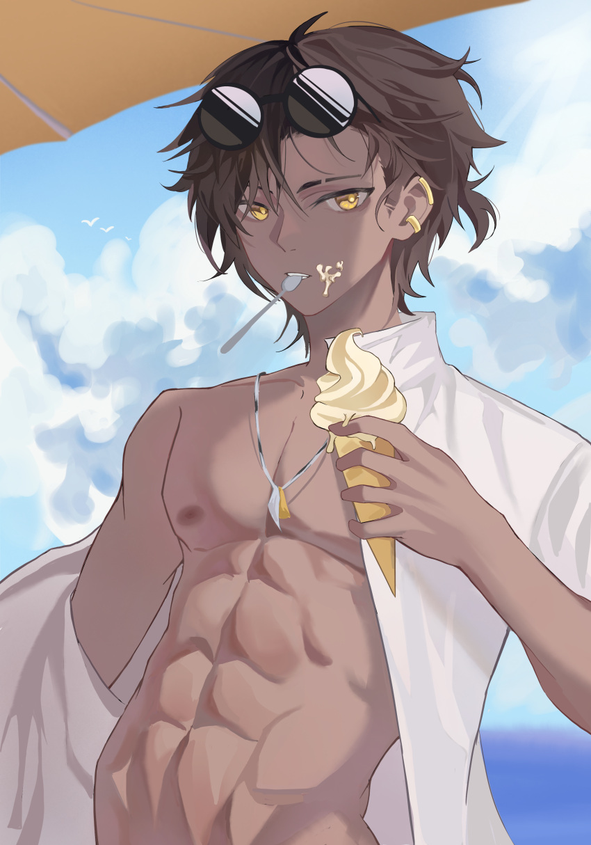 1boy abs absurdres arknights black_hair blue_sky clouds cloudy_sky dark-skinned_male dark_skin earrings food food_on_face highres holding holding_food ice_cream jewelry male_focus muscular muscular_male nipples open_clothes open_shirt outdoors shiba257 shirt sky solo thorns_(arknights) utensil_in_mouth white_shirt yellow_eyes