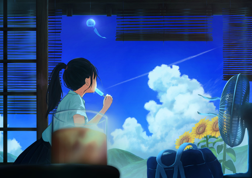 1girl bag black_hair blurry clouds depth_of_field drink eating electric_fan facing_away flower food glass highres original ponytail popsicle scenery school_bag sky solo sunflower sweat wind_chime yoshinori_draw