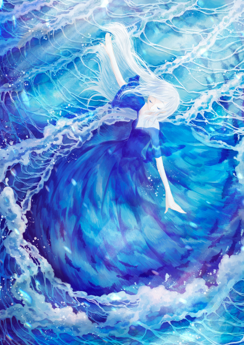 1girl bangs blue_theme closed_eyes dress highres isa_yuuri liquid_clothes long_hair ocean original outstretched_arms plunging_neckline see-through see-through_sleeves short_sleeves smile solo very_long_hair waves white_hair