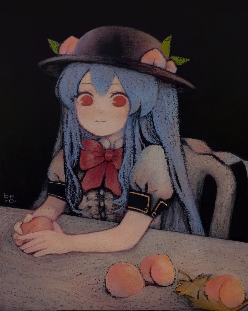 arms_on_table artist_name black_background black_headwear blouse blue_hair bow buttons chair collared_shirt english_commentary fine_art_parody food frills fruit hat highres hinanawi_tenshi holding holding_food holding_fruit leaf long_hair looking_at_viewer mixed-language_commentary neck_ribbon no_pupils painting_(medium) parody pastel_(medium) peach puffy_short_sleeves puffy_sleeves red_bow red_eyes ribbon russian_commentary shirt short_sleeves sitting svveetberry table touhou traditional_media watercolor_pencil_(medium) white_shirt