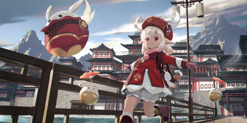 1girl ahoge architecture backpack bag bangs blonde_hair bloomers blush bridge brown_scarf cabbie_hat charm_(object) closed_mouth clover_print dodoco_(genshin_impact) east_asian_architecture genshin_impact gloves hat hat_feather highres klee_(genshin_impact) long_sleeves looking_at_viewer low_twintails mountainous_horizon outstretched_arms pointy_ears pom_pom_(clothes) randoseru red_eyes red_gloves red_headwear running ryosios scarf shiny shiny_hair smile solo standing twintails underwear