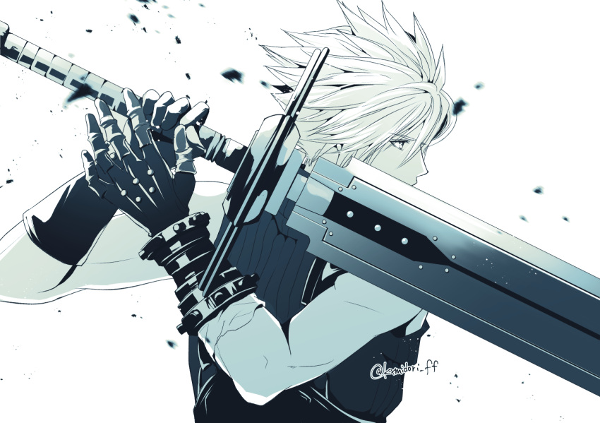 1boy armor belt cloud_strife debris fighting_stance final_fantasy final_fantasy_vii final_fantasy_vii_remake gloves hair_between_eyes himmelisch-garten holding holding_sword holding_weapon looking_to_the_side male_focus monochrome muscular muscular_male short_hair shoulder_armor sleeveless sleeveless_turtleneck solo spiky_hair suspenders sword turtleneck twitter_username upper_body weapon white_background