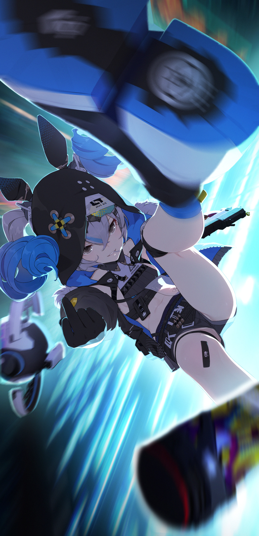 1girl :d absurdres animal_hood bandaid bandaid_on_leg bangs black_gloves black_jacket blue_socks blurry blurry_foreground bronya_zaychik bronya_zaychik_(haxxor_bunny) bullpup crop_top drill_hair drone explosive gloves grenade grey_eyes grey_hair grin gun heiza highres holding holding_gun holding_weapon honkai_(series) honkai_impact_3rd hood jacket knee_pads long_hair long_sleeves looking_at_viewer middle_finger midriff p90 rabbit_hood shoe_soles shoes single_knee_pad smile sneakers socks solo submachine_gun twin_drills weapon