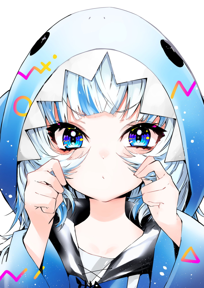 1girl animal_hood blue_eyes blue_hair blush closed_mouth dot_nose gawr_gura hands_up highres holding holding_hair hololive hololive_english hood hood_up hoodie long_hair long_sleeves looking_at_viewer multicolored_hair nez_n portrait ringed_eyes shark_hood simple_background solo streaked_hair tsurime virtual_youtuber white_background white_hair wide_sleeves