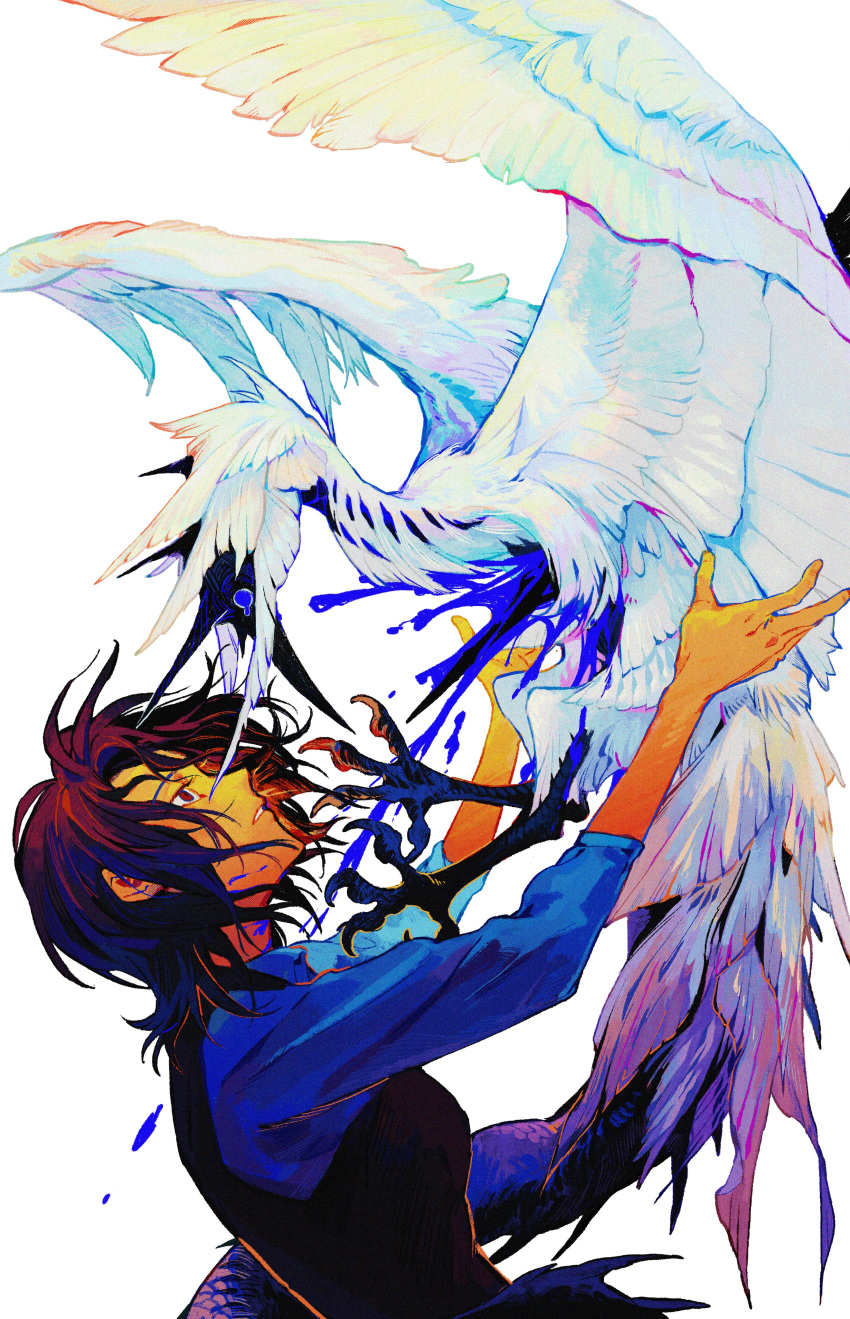 1girl absurdres beak bird black_vest bleeding blood blood_on_face blue_blood blue_eyes blue_shirt brown_hair creature empty_eyes feathered_wings from_side highres impaled injury nightcrow original outstretched_arms parted_lips profile shirt short_hair simple_background solo stylized_blood tail tail_wrap talons upper_body vest white_background wings
