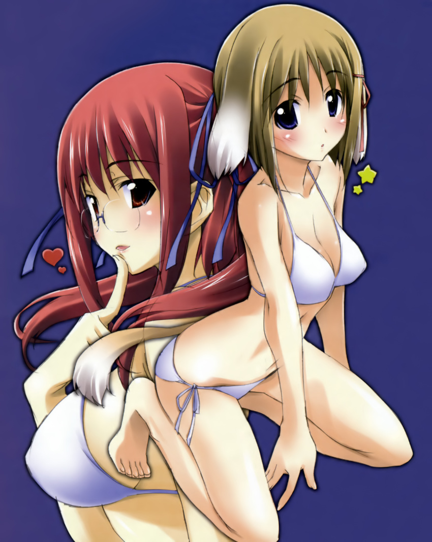 :d :o aikawa_tomoe animal_ears arched_back barefoot bikini blue_eyes blush bob_cut breasts brown_hair cleavage dog_ears dog_tail embarrassed erect_nipples feet finger_to_mouth glasses hair_ribbon hands haruna_elendil heart highres kneeling kurashima_tomoyasu large_breasts long_hair glasses memoria multicolored_hair naughty_face open_mouth red_eyes red_hair ribbon short_hair side-tie_bikini sideboob simple_background smile star string_bikini swimsuit swimsuit tail twintails two-tone_hair white_bikini white_hair