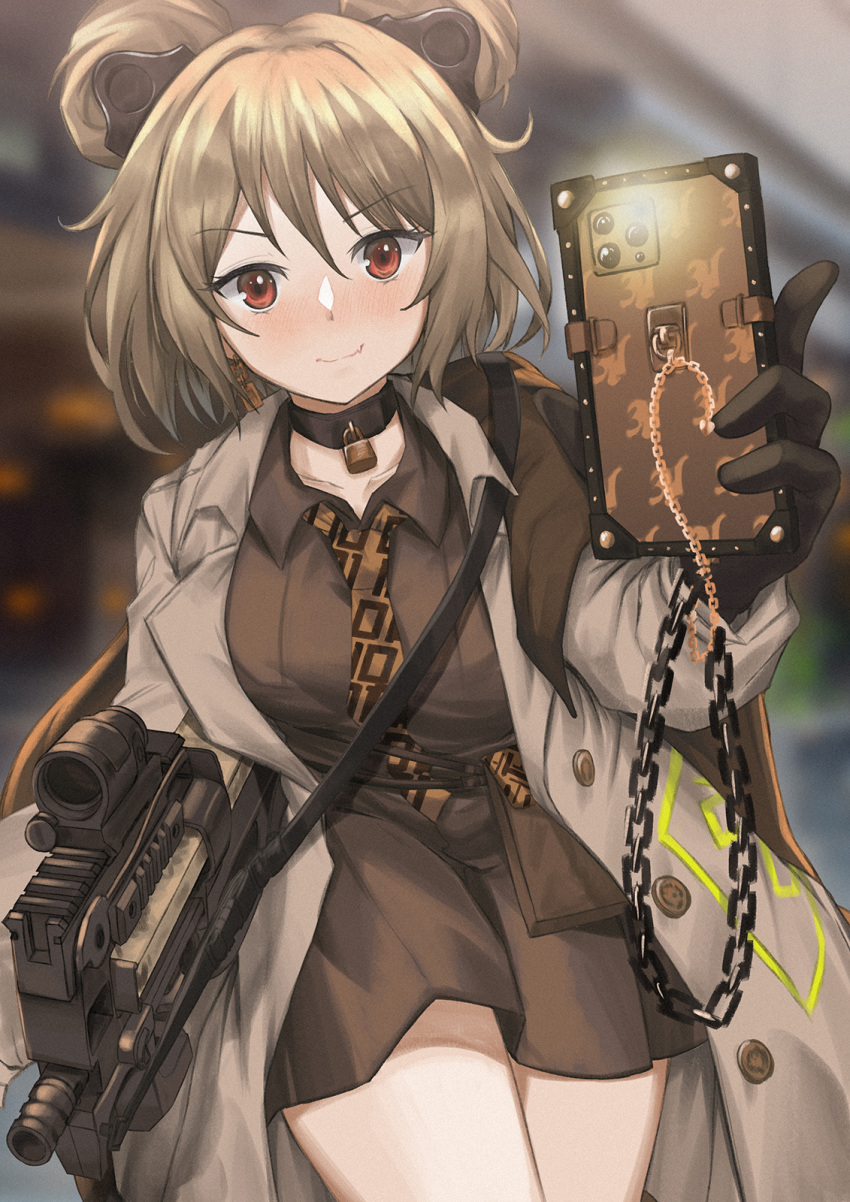 1girl bangs black_gloves blurry blurry_background blush breasts bullpup choker closed_mouth collared_shirt cowboy_shot double_bun english_commentary girls_frontline gloves gun hair_between_eyes hair_bun highres holding holding_phone jacket light_brown_hair looking_at_viewer necktie official_alternate_costume open_clothes open_jacket p90 p90_(girls'_frontline) persocon93 phone red_eyes shirt short_hair smile solo submachine_gun weapon