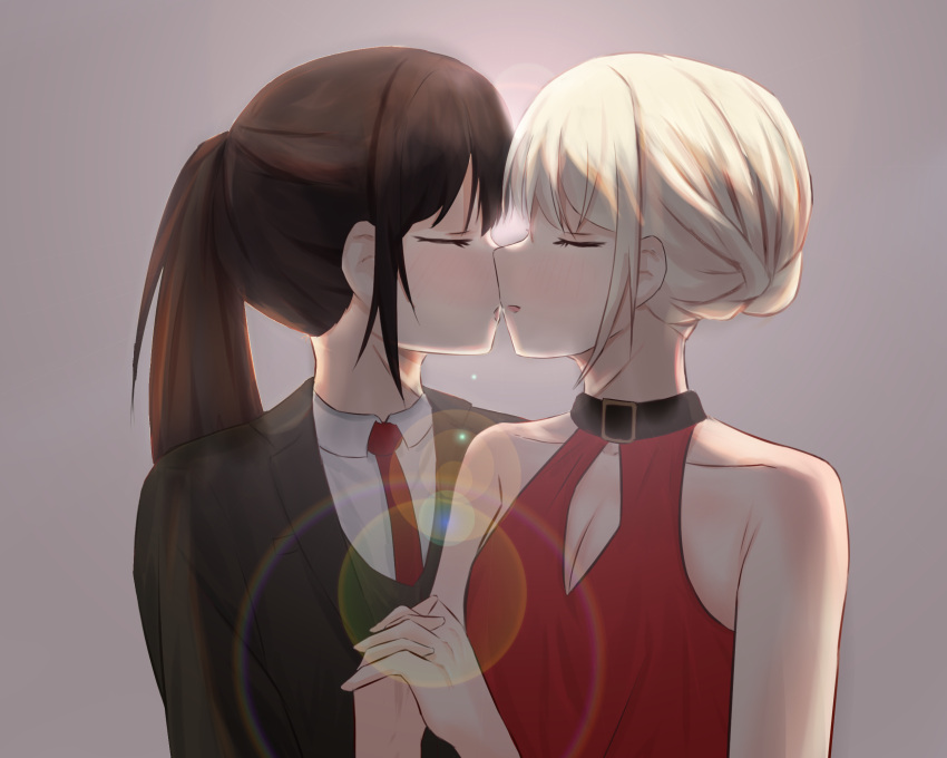 2girls black_hair black_suit blonde_hair brown_eyes closed_mouth collared_shirt commentary_request formal hand_on_another's_back highres inoue_takina long_hair lycoris_recoil multiple_girls necktie nishikigi_chisato official_alternate_costume ponytail purple_eyes red_necktie shirt short_hair sky150mms smile suit upper_body yuri