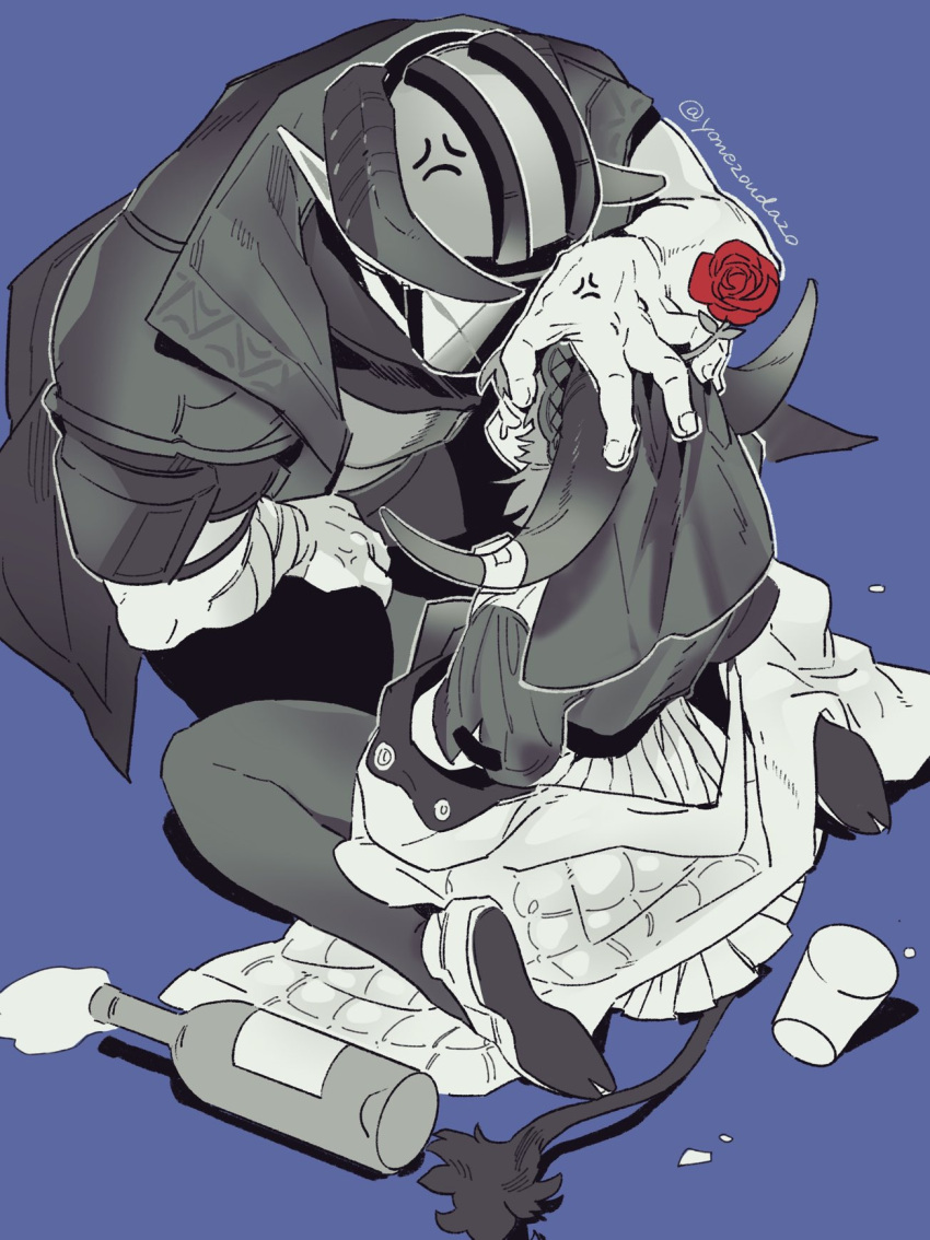 1boy 1girl anger_vein arknights blue_background bottle coat cow_girl cow_horns cow_tail cup demon_horns detached_hood flower flower_on_head greyscale hand_on_another's_head highres hood horns kneeling mask monochrome pallas_(arknights) red_flower sarkaz_bodyguard_(arknights) tail twitter_username yonezoudazo