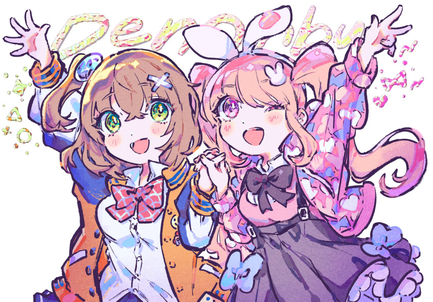 2girls animal_ears black_skirt blue_bow blush bow bowtie brown_hair denonbu green_eyes hair_bow hair_ornament hidaka_reina_(denonbu) highres holding_hands jacket kiato long_hair long_sleeves looking_at_viewer multiple_girls one_eye_closed open_clothes open_jacket open_mouth orange_hair pink_eyes pleated_skirt rabbit_ears red_bow red_bowtie sakurano_mimito shirt simple_background skirt smile standing suspenders twintails v waving white_bow white_shirt