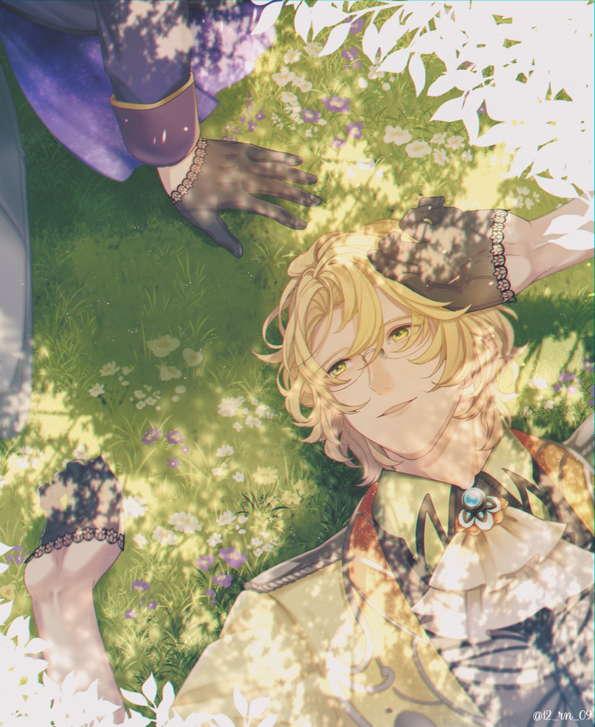 2boys ascot bangs black_gloves black_shirt blonde_hair brooch collared_shirt dappled_sunlight flower glasses gloves green_eyes grey_pants half_gloves hand_on_own_head highres ichinose_tokiya jacket jewelry lace-trimmed_gloves lace_trim leaf looking_at_another looking_up lying male_focus multiple_boys official_alternate_costume official_alternate_hairstyle on_back on_grass out_of_frame pants parted_bangs parted_lips purple_flower purple_jacket ran_(12_rn_09) see-through_gloves semi-rimless_eyewear shinomiya_natsuki_(uta_no_prince-sama) shirt short_hair sitting sleeve_cuffs smile solo_focus sunlight upper_body uta_no_prince-sama uta_no_prince-sama:_shining_live white_ascot white_flower yellow_jacket