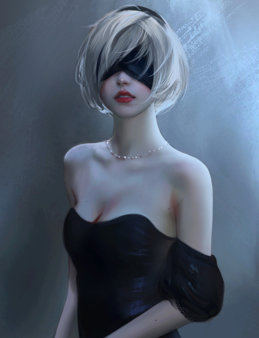 1girl absurdres black_dress blush dress highres lipgloss lipstick lmilkyskin makeup nier_(series) nier_automata red_lips short_hair solo white_hair yorha_no._2_type_b