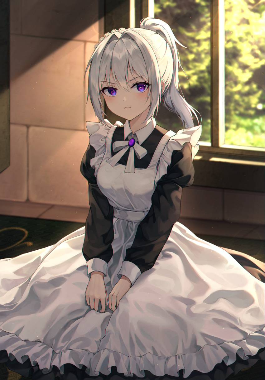 1girl :i absurdres alternate_costume apron bangs black_dress blurry breasts brick_wall brooch closed_mouth collared_dress commentary day depth_of_field dress enmaided frilled_apron frills grey_hair hair_between_eyes hair_intakes highres indoors ine_(vtuber) jewelry juliet_sleeves lens_flare light_particles long_hair long_sleeves looking_at_viewer maid maid_headdress neck_ribbon ponytail pout puffy_sleeves ribbon sarika shiny shiny_hair sidelocks small_breasts solo sunlight tree v-shaped_eyebrows v_arms violet_eyes virtual_youtuber waktaverse white_apron white_ribbon window wing_collar