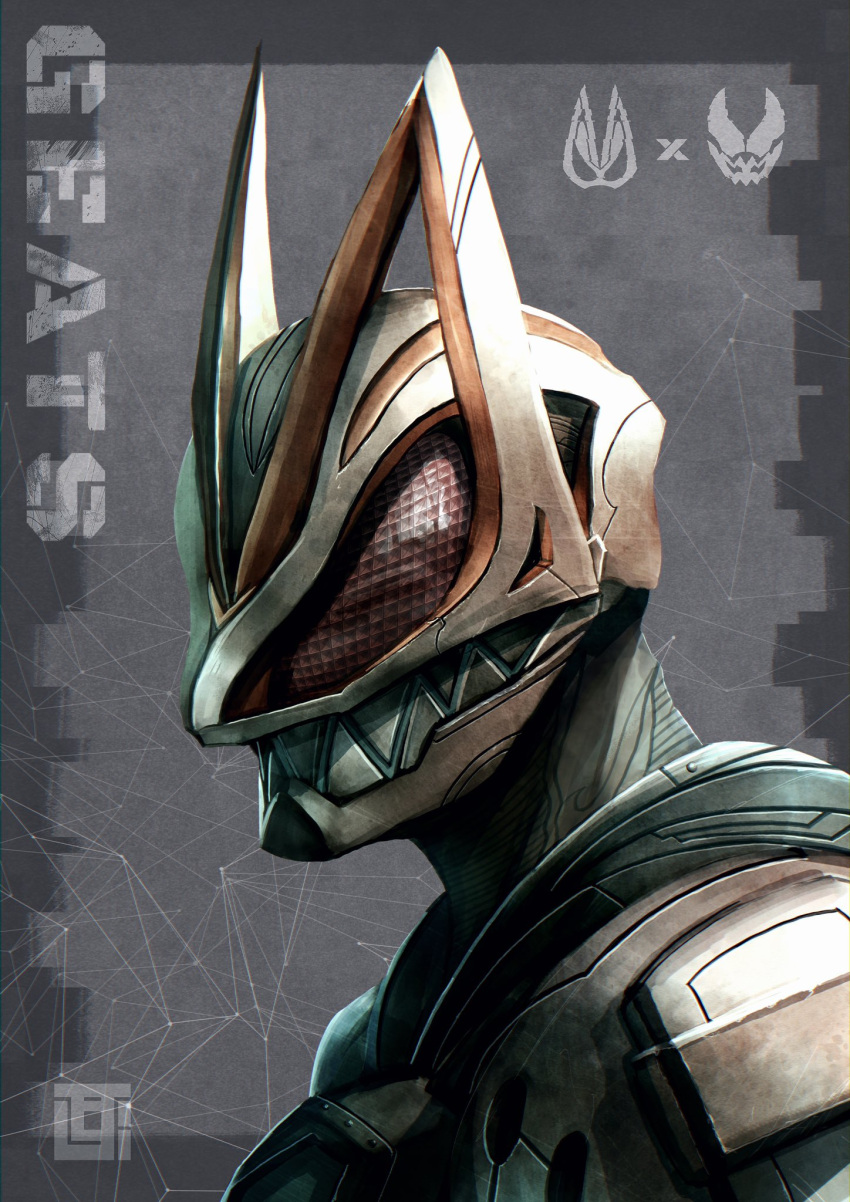 1boy armor compound_eyes fox_mask grey_background highres kamen_rider kamen_rider_geats kamen_rider_geats_(series) kitsune kozsen_810290 male_focus mask red_eyes solo teeth