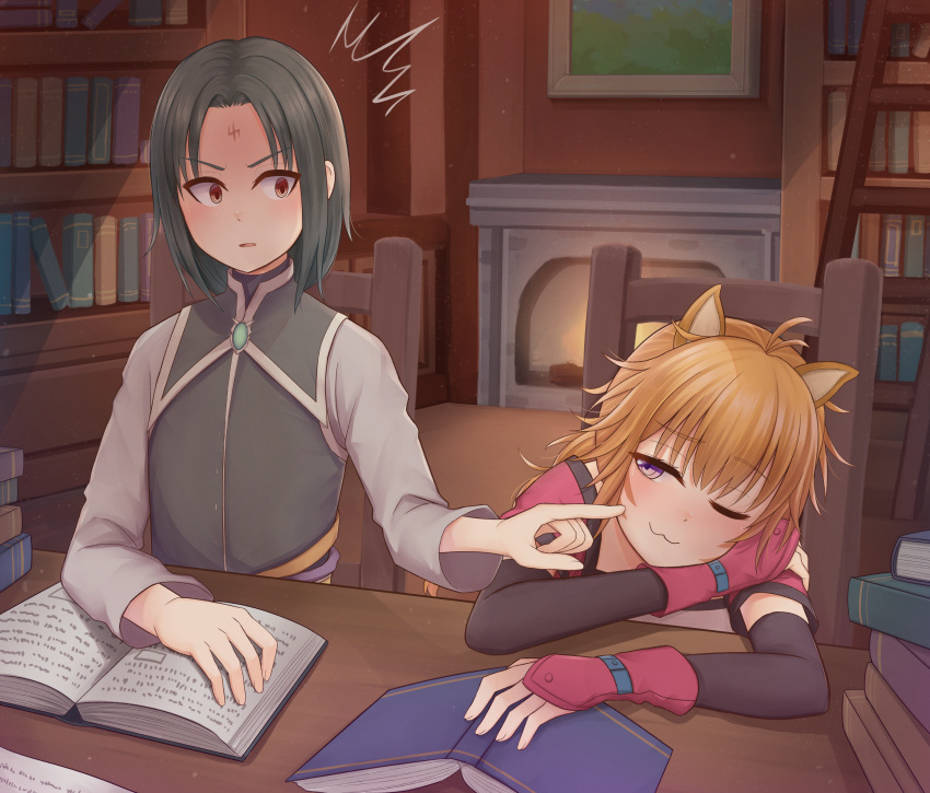 absurdres atorie blush bookshelf cat_girl cheek_poking fire_emblem fire_emblem:_radiant_dawn fireplace highres lyre_(fire_emblem) poking reading smirk soren soren_(fire_emblem) study_(room) surprised violet_eyes