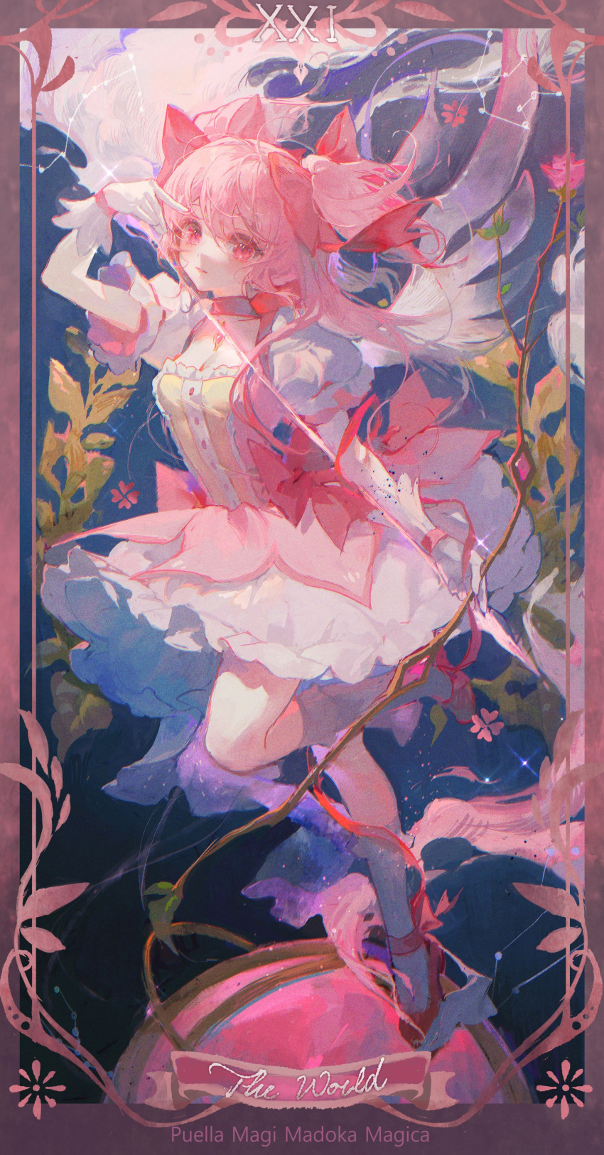 1girl absurdres blush bow bow_(weapon) branch bubble_skirt choker constellation dress flower frilled_skirt frilled_socks frills gloves hair_bow highres holding holding_bow_(weapon) holding_weapon kaname_madoka long_hair looking_at_viewer maccha_(mochancc) magical_girl mahou_shoujo_madoka_magica pink_bow pink_choker pink_dress pink_eyes pink_flower pink_footwear pink_hair puffy_short_sleeves puffy_sleeves revision shoes short_hair short_sleeves short_twintails skirt socks solo soul_gem thigh-highs twintails two_side_up weapon white_gloves white_socks wings