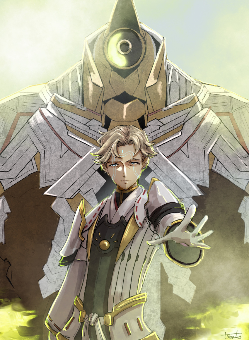 1boy 1other absurdres armor aura belt collar facial_mark ferronis_(xenoblade) highres isurd_(xenoblade) patterned pauldrons pose shoulder_armor shoulder_pads toosut0 xenoblade_chronicles_(series) xenoblade_chronicles_3
