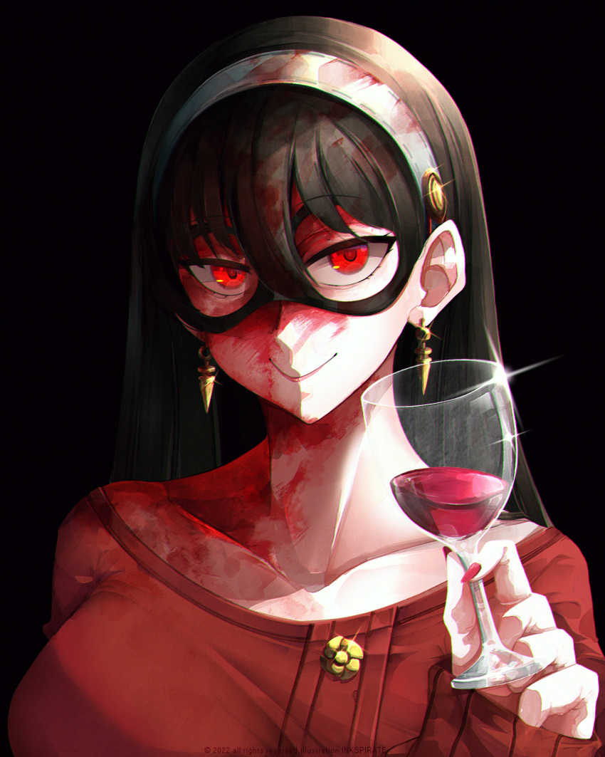 1girl alcohol artist_name black_background black_hair blood blood_in_hair blood_on_clothes blood_on_face chromatic_aberration closed_mouth collarbone cup earrings eye_mask fingernails glint hair_between_eyes hairband highres holding holding_cup inkspirate jewelry long_fingernails long_hair looking_at_viewer mask pink_lips red_eyes simple_background sleeves_past_wrists smile solo spy_x_family upper_body very_long_fingernails white_hairband wine yor_briar