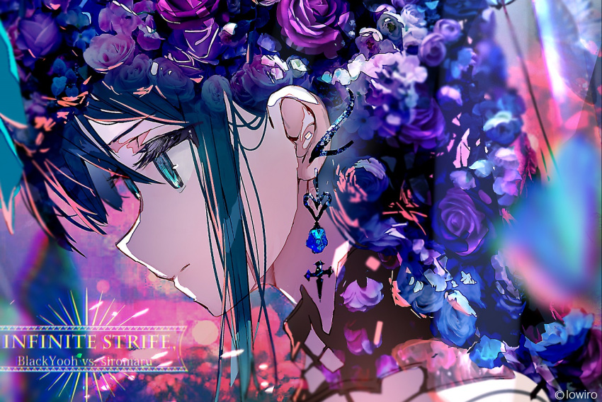 1girl bangs bare_shoulders blue_eyes blue_flower blue_hair blue_rose closed_mouth commentary_request earrings english_text enj! flower hair_between_eyes hair_flower hair_ornament heart heart_earrings jewelry looking_away original portrait profile purple_flower purple_rose rose solo