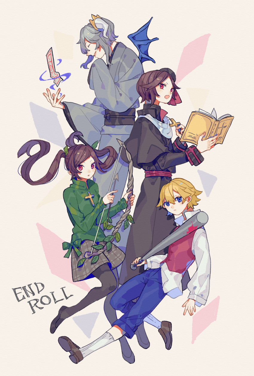 1girl 3boys :o ^_^ arrow_(projectile) bangs baseball_bat black_capelet black_footwear black_headwear black_pantyhose black_robe blonde_hair blood blood_on_weapon blue_eyes blue_pants blue_wings book bow_(weapon) brown_footwear brown_hair brown_skirt capelet capri_pants cassock closed_eyes cody_toscarina copyright_name cross cross_necklace dogma_toscarina dragon_boy dragon_horns dragon_wings end_roll expressionless flats from_side full_body green_ribbon green_shirt grey_hair grey_kimono hair_between_eyes hair_ribbon hand_on_own_chin hat high_collar highres holding holding_arrow holding_baseball_bat holding_book holding_bow_(weapon) holding_cross holding_weapon horns japanese_clothes jewelry kantera_(end_roll) kimono knees_together_feet_apart leaf loafers long_sleeves looking_at_viewer multiple_boys necklace open_book open_mouth pants pantyhose parted_bangs parted_lips plaid plaid_skirt priest profile red_eyes red_sash red_vest ribbon robe russell_seager sash scarf senba_(ikisia4423) shirt shoes short_hair short_hair_with_long_locks simple_background skirt sleeve_cuffs smile socks swept_bangs talisman tilted_headwear twintails untucked_shirt vest weapon white_scarf white_shirt white_socks wings