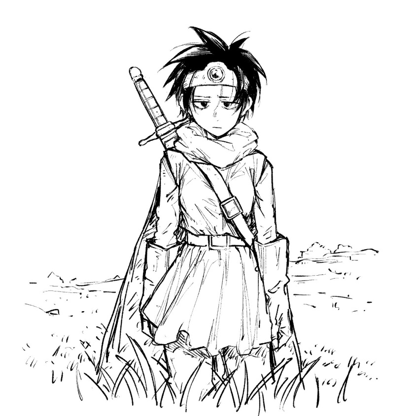 1girl belt breasts cape circlet closed_mouth dragon_quest dragon_quest_iii gloves grass greyscale highres kotoyama looking_at_viewer monochrome roto short_hair skirt solo sword weapon white_background