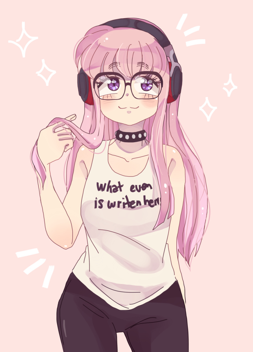 1girl :3 alternate_hair_color bangs blush_stickers clothes_writing collar glasses hair_twirling headphones highres leggings long_hair looking_up persona persona_5 pink_hair sakura_futaba solo sparkle studded_collar tank_top tenhimi violet_eyes