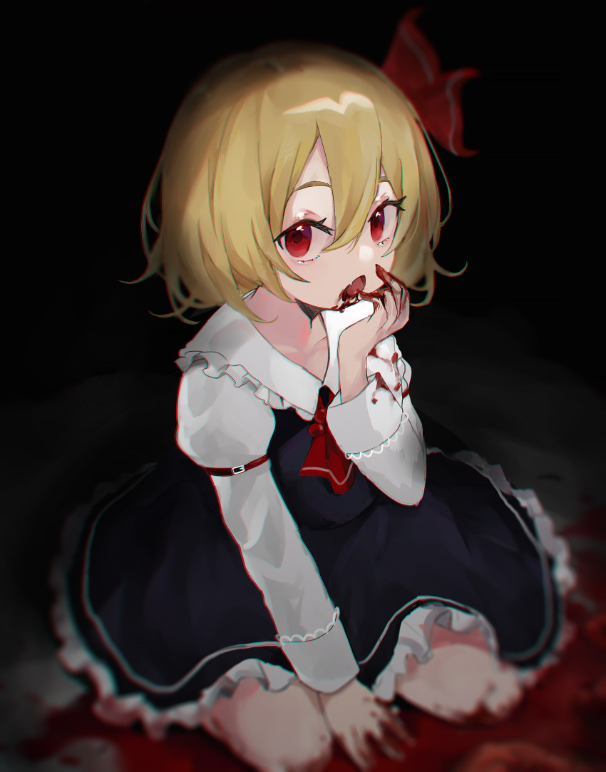 1girl absurdres ascot black_skirt black_vest blonde_hair blood blood_on_clothes blood_on_face blood_on_hands fang guro hair_between_eyes hair_ribbon highres kani_nyan long_sleeves open_mouth red_ascot red_eyes red_ribbon ribbon rumia shirt short_hair skin_fang skirt solo touhou vest white_shirt
