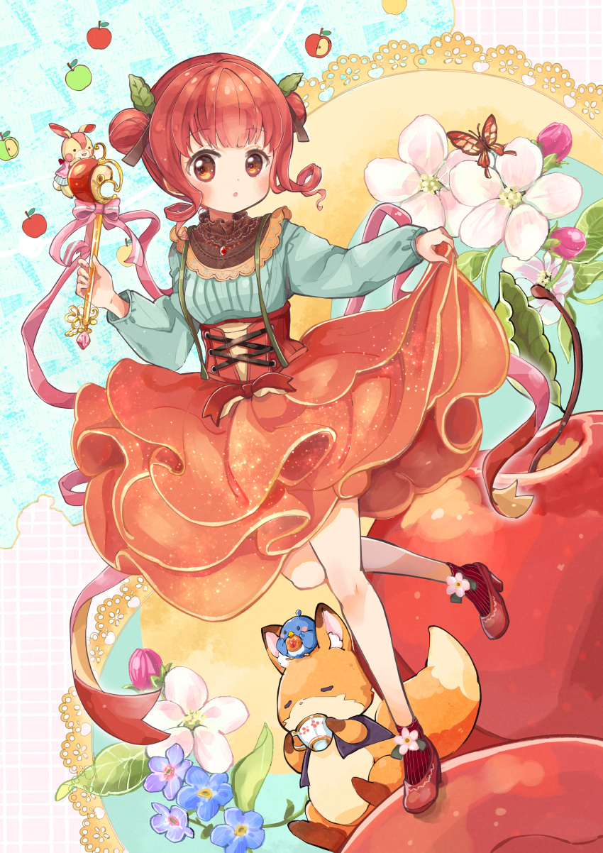 1girl :o absurdres apple bangs bird blush brown_eyes bug butterfly collared_shirt corset cup double_bun drill_hair flower food food-themed_clothes food-themed_hair_ornament fox frilled_shirt_collar frills fruit hacosumi hair_bun hair_ornament high_heels highres holding holding_wand jewelry leaf_hair_ornament long_sleeves necklace open_mouth original redhead ribbon shirt skirt skirt_hold solo standing standing_on_one_leg suspender_skirt suspenders teacup underbust wand