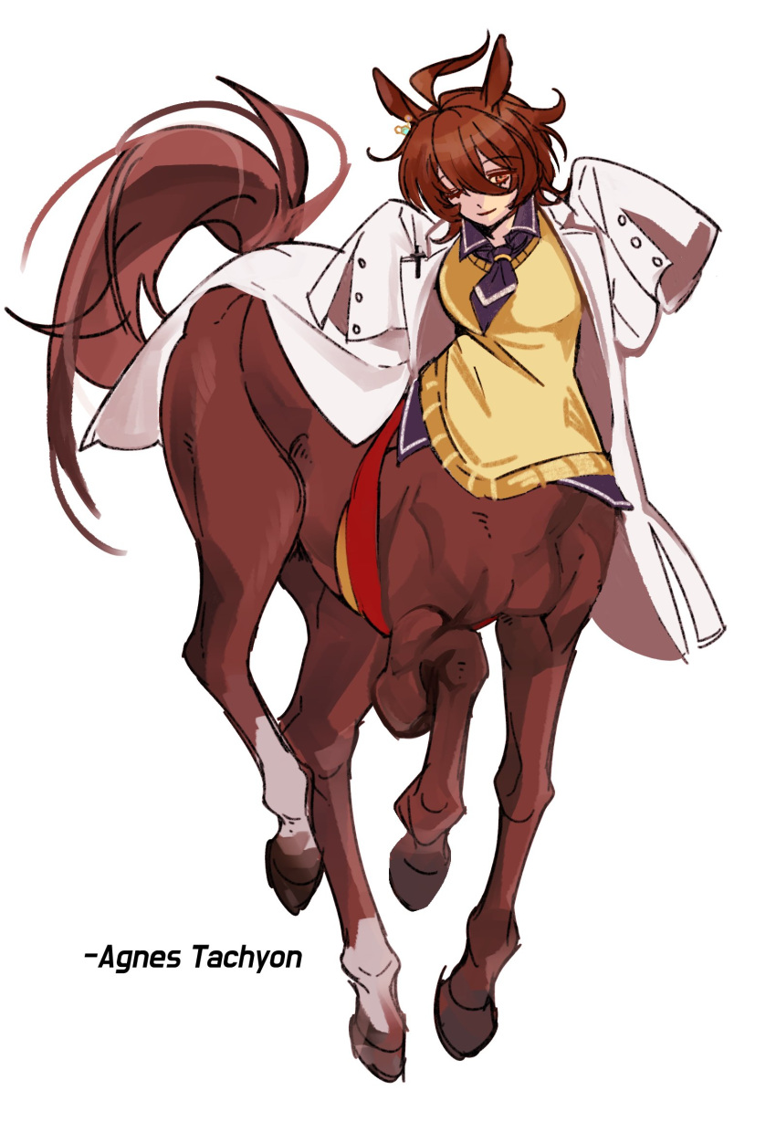 1girl agnes_tachyon_(umamusume) ahoge animal_ears bangs black_necktie black_shirt breasts brown_hair centaur character_name coat collared_shirt commentary earrings empty_eyes full_body hair_between_eyes hands_up highres horse_ears horse_tail jewelry korean_commentary labcoat light_smile long_bangs long_sleeves looking_at_viewer medium_breasts messy_hair mixed-language_commentary monster_girl monsterification multiple_legs necktie one_eye_closed open_clothes open_coat red_eyes shirt short_hair short_necktie sidelocks simple_background single_earring sleeves_past_fingers sleeves_past_wrists solo ss_fraternity standing sweater sweater_vest tail taur umamusume white_background white_coat yellow_sweater