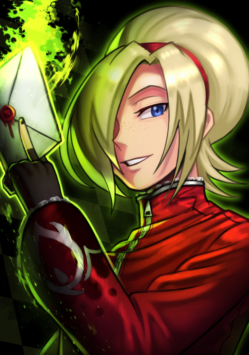 1boy absurdres androgynous ash_crimson blonde_hair blue_eyes envelope fingerless_gloves fire freckles gloves glowing green_fire grin hair_over_one_eye highres jacket looking_at_viewer one_eye_closed red_jacket silverchariotx smile snk solo teeth the_king_of_fighters zipper