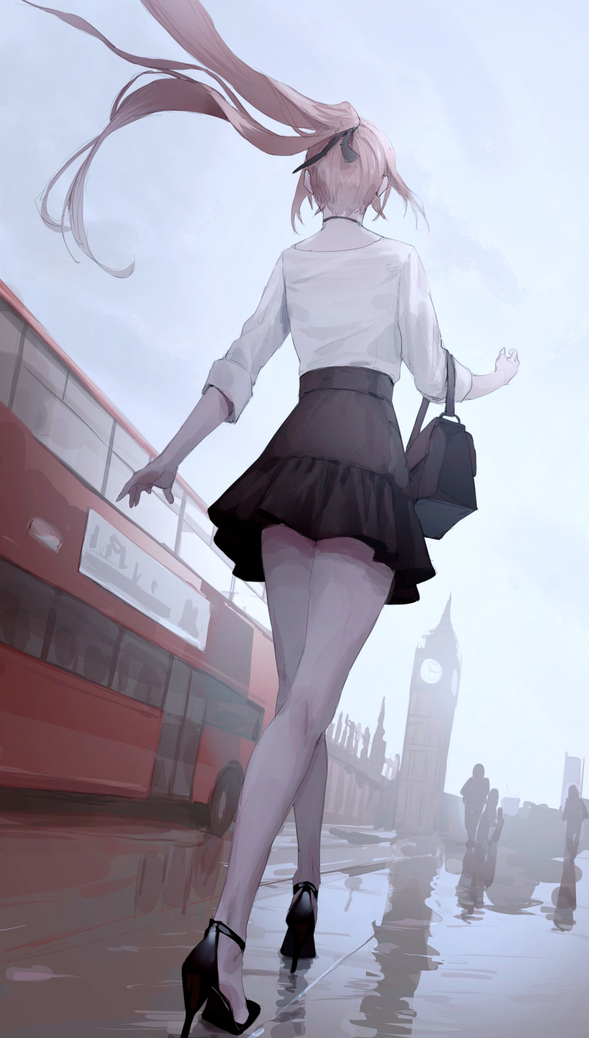 1girl bag black_bag black_footwear black_ribbon black_skirt blouse braid bus erospanda from_behind ground_vehicle hair_ribbon high_heels highres london long_hair long_sleeves motor_vehicle original pink_hair ponytail rain ribbon shirt skirt solo_focus white_shirt