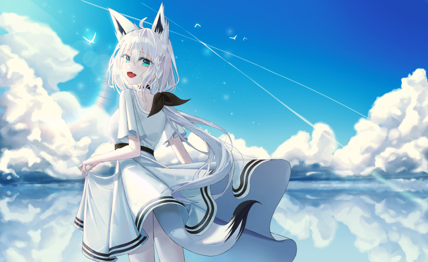 1girl absurdres ahoge animal_ear_fluff animal_ears bangs black_bow black_choker bow braid choker clothes_lift clouds cloudy_sky commentary_request day dress dress_lift extra_ears fang fox_ears fox_girl fox_tail green_eyes hair_between_eyes hair_bow highres hololive long_hair looking_at_viewer looking_back melt_(melt_out1) open_mouth outdoors shirakami_fubuki short_sleeves sidelocks single_braid skin_fang sky solo tail virtual_youtuber white_dress white_hair