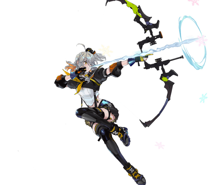 1girl archery artist_request bow_(weapon) colored_inner_hair grey_hair half_updo multicolored_hair official_art orange_eyes orange_hair ponytail short_ponytail short_sleeves snowflakes solo thigh-highs tower_of_fantasy tsubasa_(tower_of_fantasy) weapon