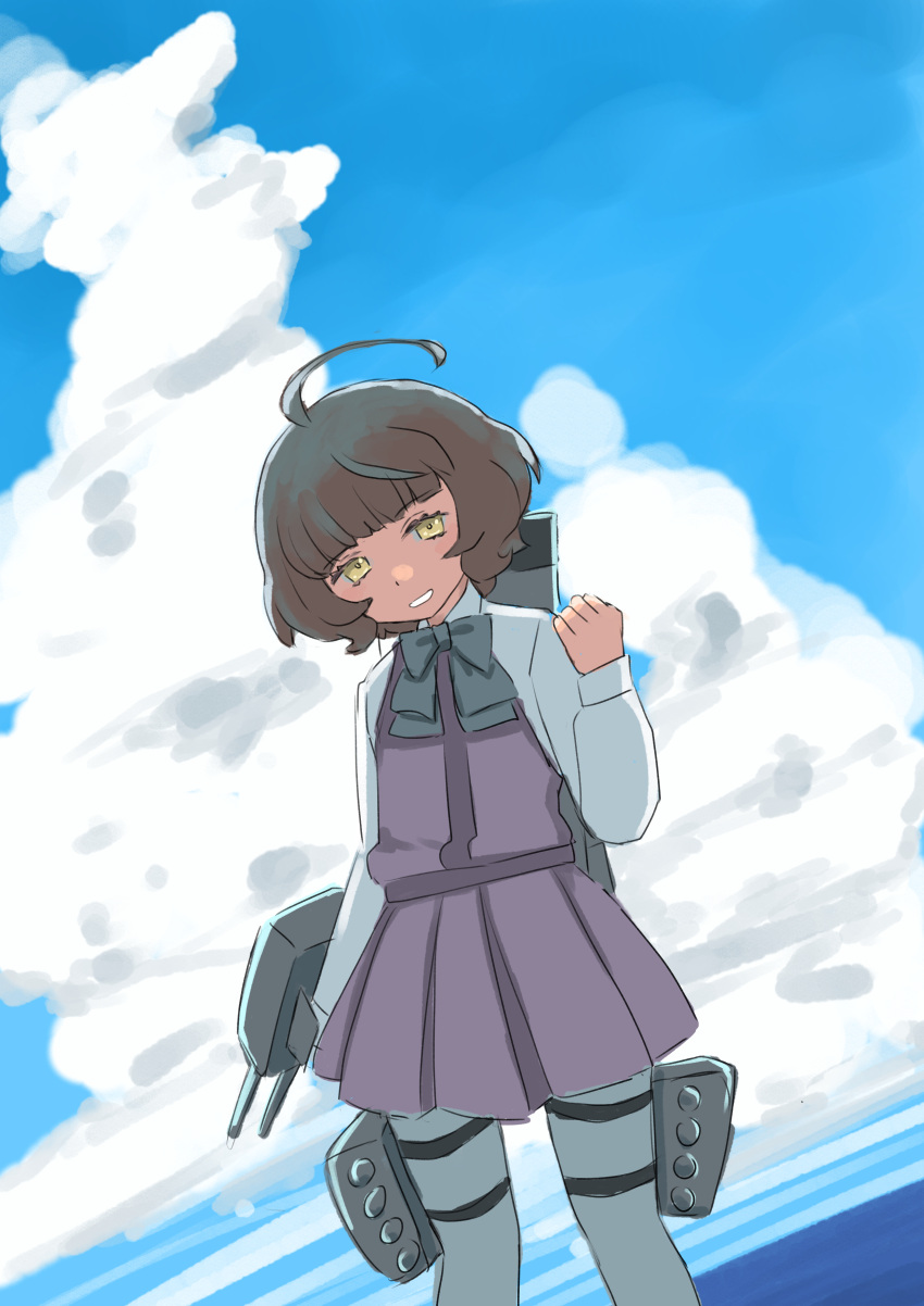 1girl absurdres adapted_turret ahoge aqua_bow aqua_bowtie bangs blue_sky blunt_bangs bow bowtie brown_eyes brown_hair cannon clouds dress grey_pantyhose highres kantai_collection kishinami_(kancolle) long_sleeves looking_at_viewer one-hour_drawing_challenge pantyhose pleated_dress purple_dress school_uniform seamed_legwear shirt short_hair side-seamed_legwear sky solo standing toplow torpedo_launcher turret wavy_hair white_shirt