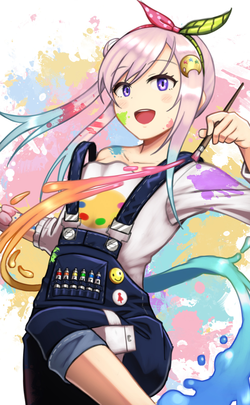 1girl absurdres airani_iofifteen badge bow graffiti hair_ornament hairpin happy highres holding hololive hololive_indonesia jumping leg_up multicolored_hair overalls paint paint_on_clothes paint_splatter paint_splatter_on_face paintbrush pink_hair silverchariotx smile solo violet_eyes virtual_youtuber