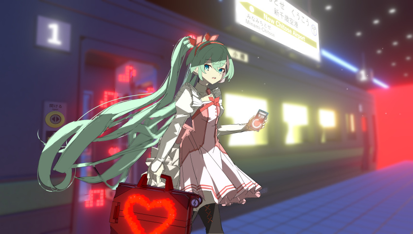 1girl :o absurdres bangs blue_eyes blurry blurry_background cellphone commentary detached_collar dress eap444 glowing green_hair ground_vehicle hair_ribbon hairband hatsune_miku heart highres holding holding_phone holding_suitcase juliet_sleeves long_hair long_sleeves open_mouth phone pleated_dress puffy_sleeves ribbon rolling_suitcase smartphone solo suitcase thigh-highs train train_station twintails very_long_hair vocaloid walking